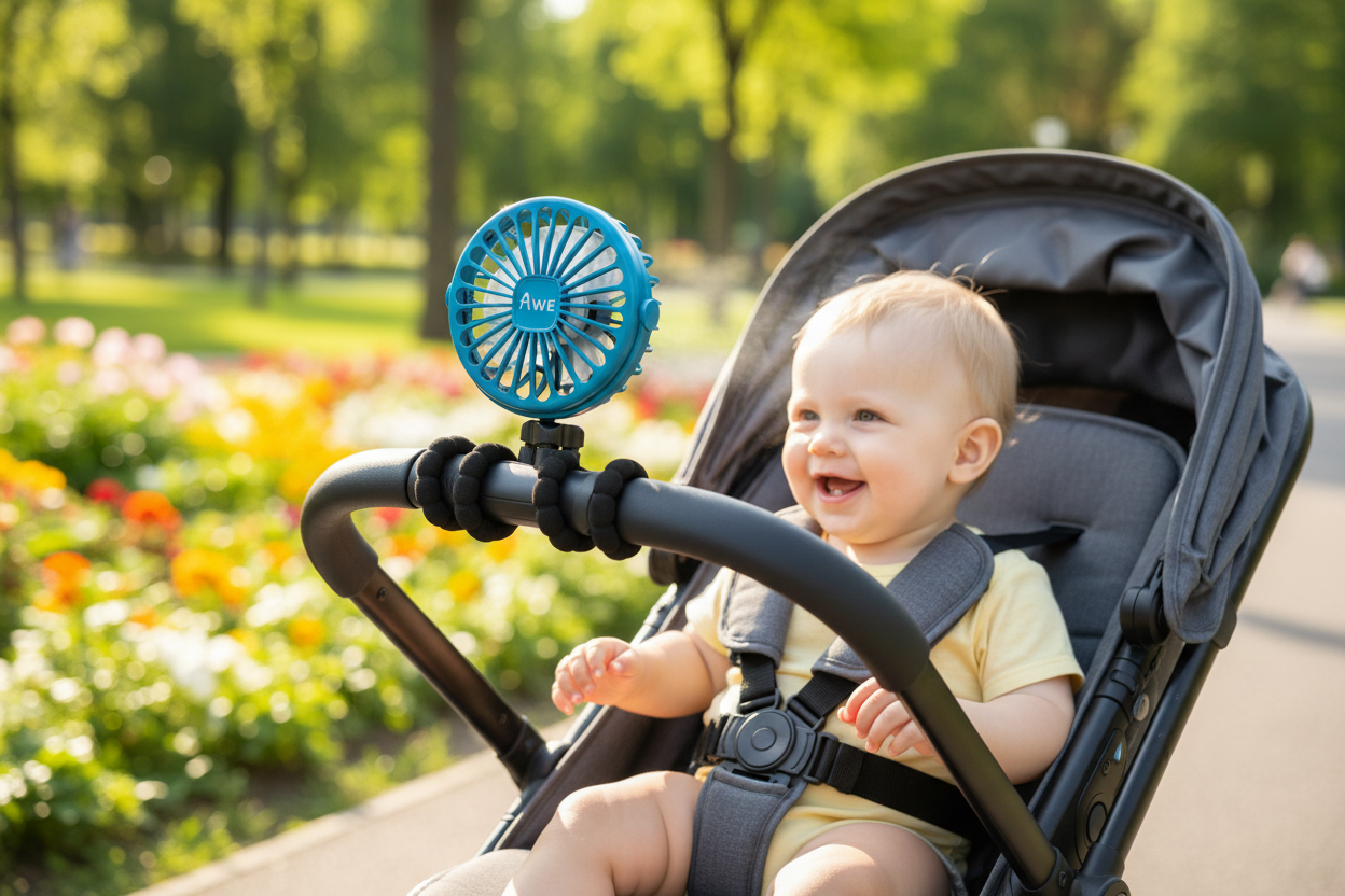 AWE Stroller Fan in use – Blue